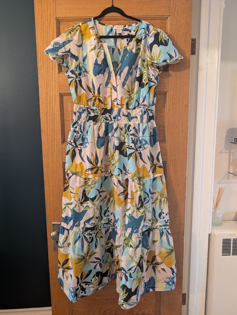 Cynthia Rowley 2x Floral V-Neck Tiered Maxi Dress in Blue, Green & Yellow